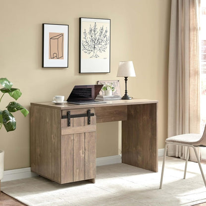 Farmhouse Style Home Office Laptop Computer Desk with One Cabinet and Three Shelves, Durable Study Writing Table with Metal Euro Cabinet Hinges