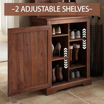 Farmhouse Narrow Coat Rack with Shoe Storage, 6 Shoe Cubbies & 4 Coat Hooks, Hall Tree with Shoe Storage, Entryway Bench with Adjustable Shelves for Hallway, Living Room, Mudroom, Brown