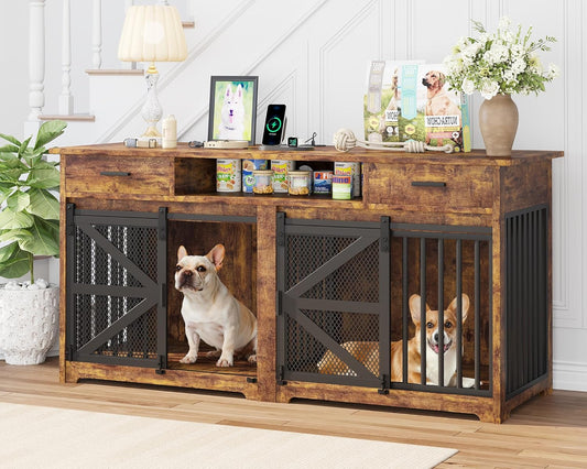 63In Double Dog Crate Furniture with Sliding Door and Detachable Outlet That Powers Pet Zone Sturdy Dog Kennel Furniture with Drawers Organized Storage for Small and Medium Dogs
