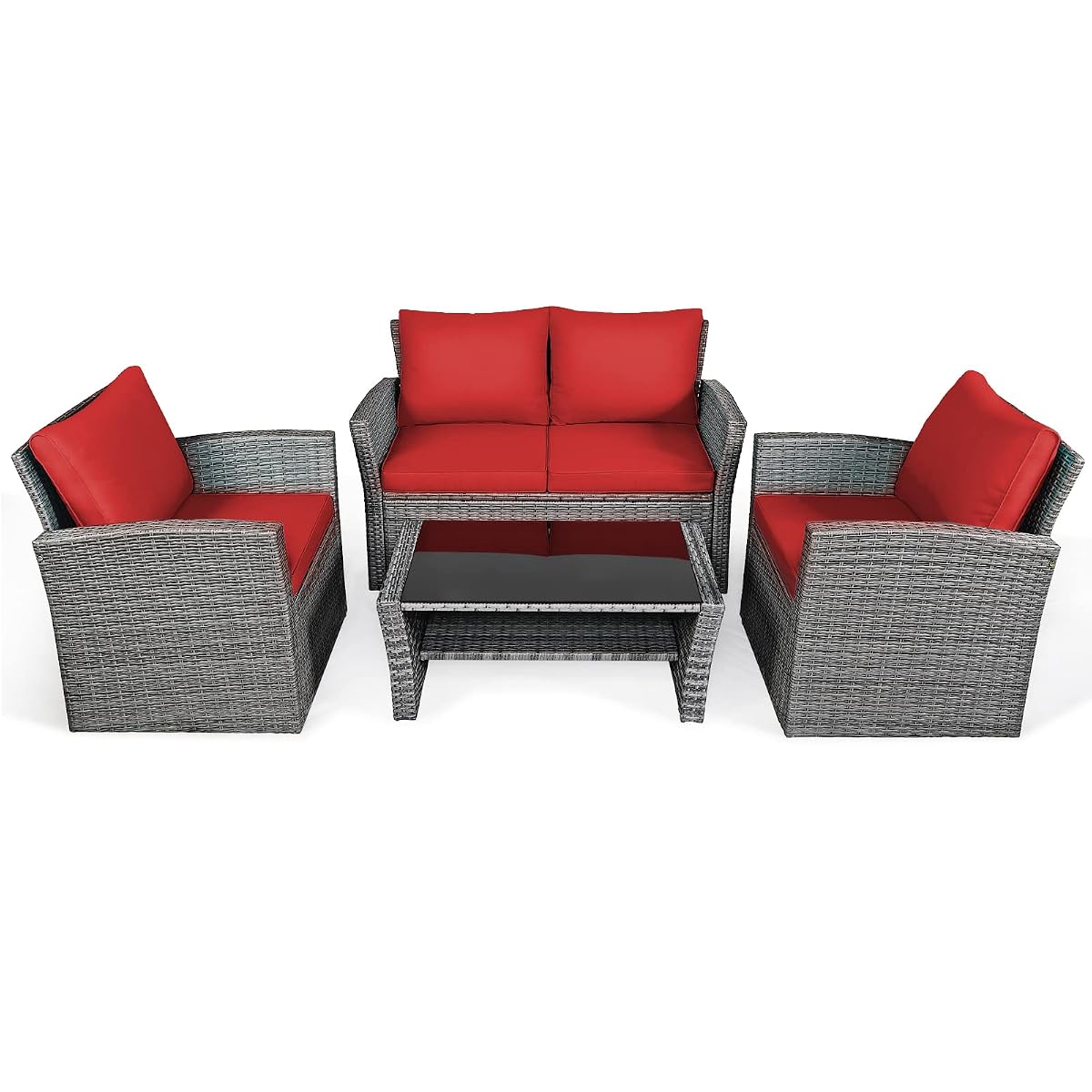 4 Pieces Patio Rattan Furniture Set, Outdoor Wicker Sofa Set with Tempered Glass Coffee Table, Cushions, All Weather Rattan Conversation Set for Yard Balcony Backyard Pool (Red)