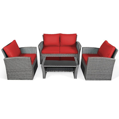 4 Pieces Patio Rattan Furniture Set, Outdoor Wicker Sofa Set with Tempered Glass Coffee Table, Cushions, All Weather Rattan Conversation Set for Yard Balcony Backyard Pool (Red)