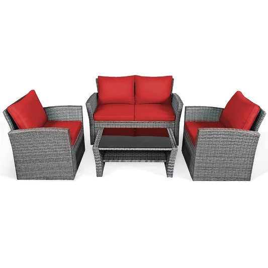 4 Pieces Patio Rattan Furniture Set, Outdoor Wicker Sofa Set with Tempered Glass Coffee Table, Cushions, All Weather Rattan Conversation Set for Yard Balcony Backyard Pool (Red)