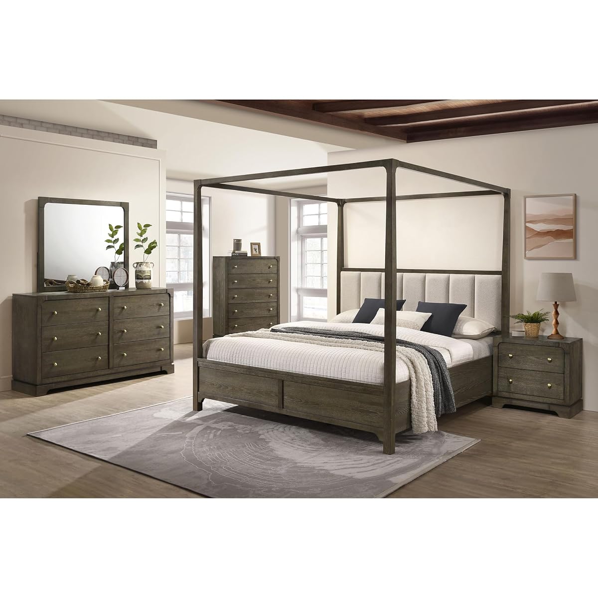 Queen Bedroom Set, 5 Piece Bedroom Set, Dark Upholstered Queen Bed Set, Transitional Bedroom with Dresser, Mirror, Chest, Nightstand