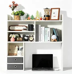 Desktop Bookshelf, High-Capacity Desk Hutch Organizer, White, view 2