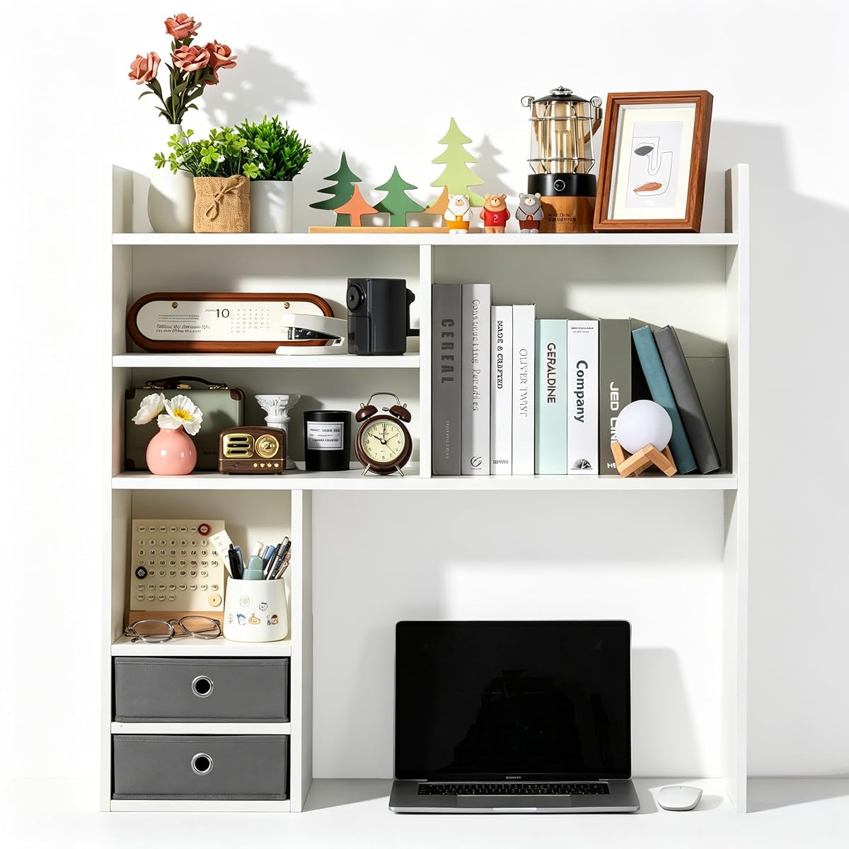 Desktop Bookshelf, High-Capacity Desk Hutch Organizer, White