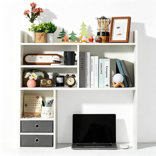 Desktop Bookshelf, High-Capacity Desk Hutch Organizer, White