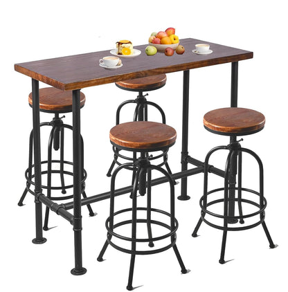 Industrial Bar Table Set with 4 Adjustable Height Bar Stools, Solid Wood Counter Height Pub Table & Rustic Metal Frame Stools, Vintage Kitchen Breakfast Bar Table Set for Home Bar, Bistro, Café