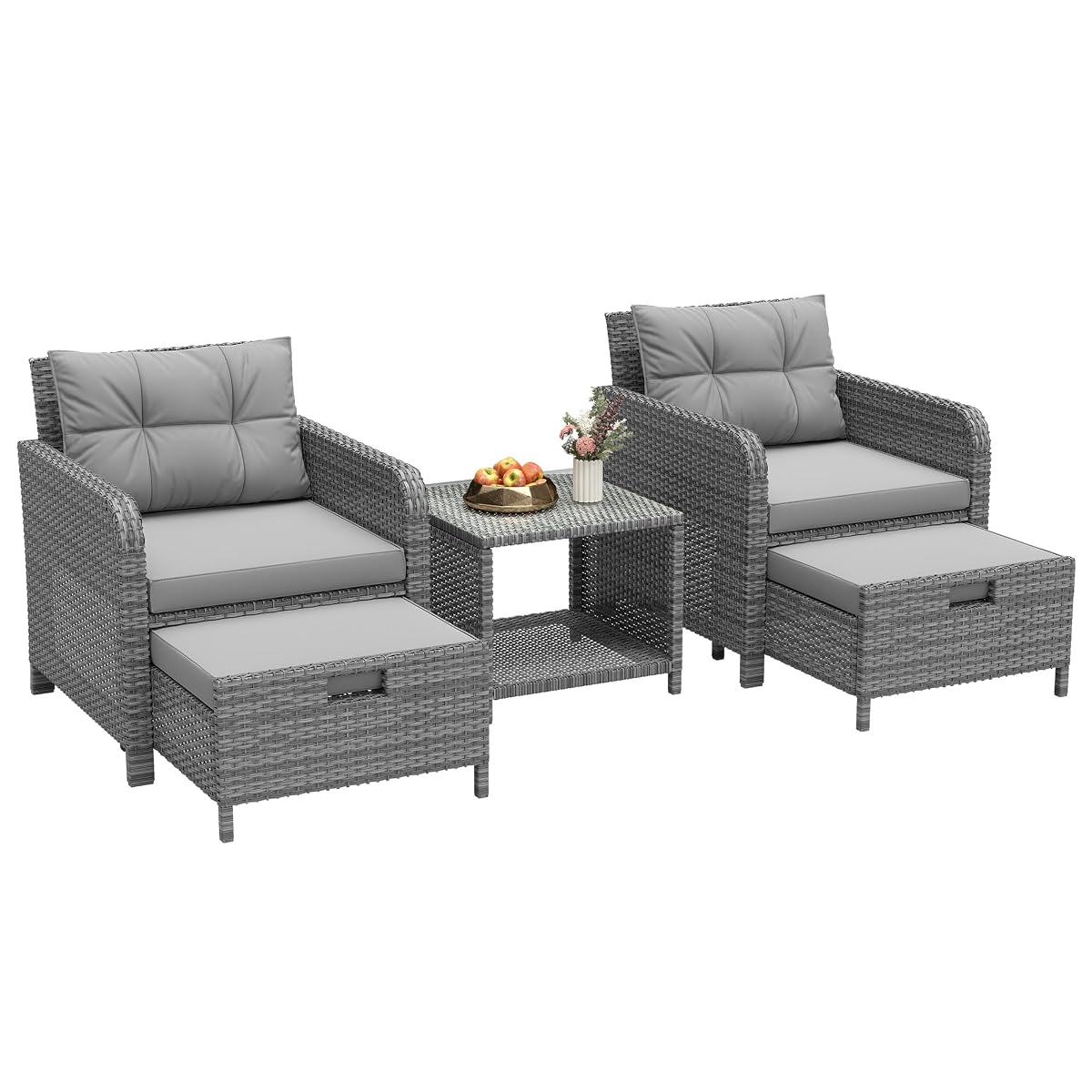 Balcony Furniture Set 5 Piece Patio Conversation Set, PE Wicker Outside Furniture with Soft Cushions & Coffee Table, Outdoor Lounge Chairs with Ottoman for Porch, Lawn, Balcony, Grey-Grey
