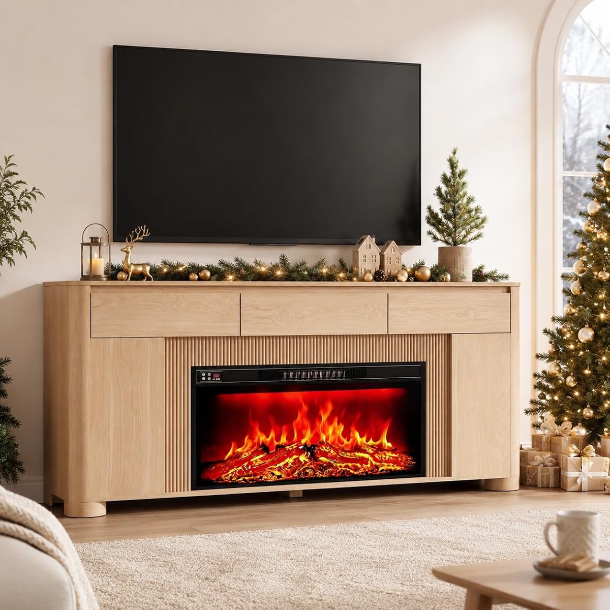 70" Fireplace TV Stand for 80" TVs, 42" Insert, 3 Drawers, Natural