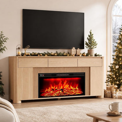 70" Fireplace TV Stand for 80" TVs, 42" Insert, 3 Drawers, Natural