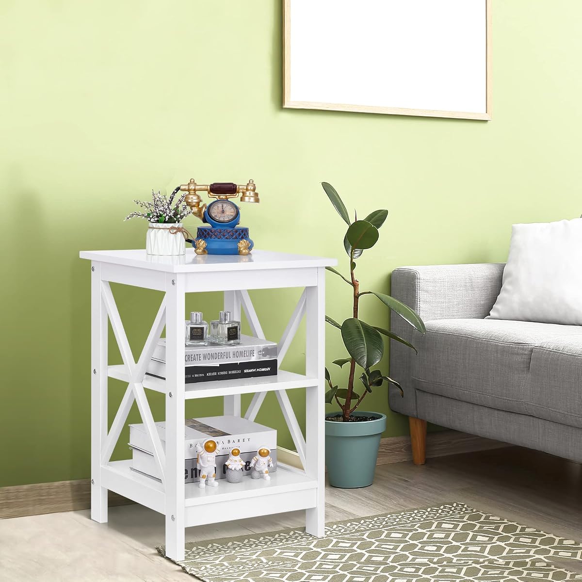 Nouva Side Table - Square Small End Table w/Storage Shelf, Tall Nightstand w/X-Design for Living Room Bedroom Office Bathroom,White
