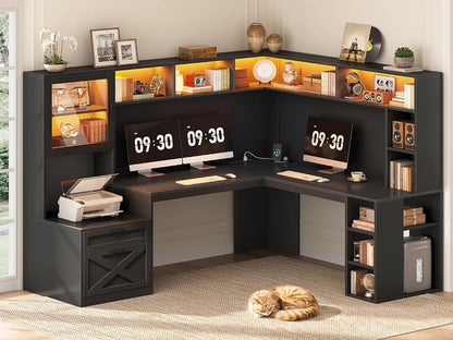 68" Farmhouse L Shaped Computer Desk with Hutch, Storage Drawers