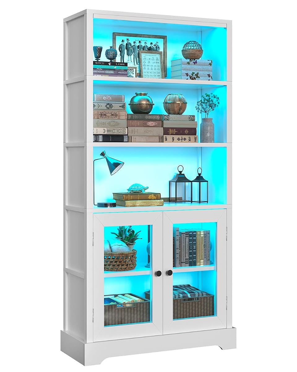 5-Tier Bookshelf, 65" Bookshelf with Multi-Color Ambient Lights (APP Remote Control), Tall Vertical Display Shelf with Cabinet Doors, Suitable for Living Room, Bedroom, Study, Office, White