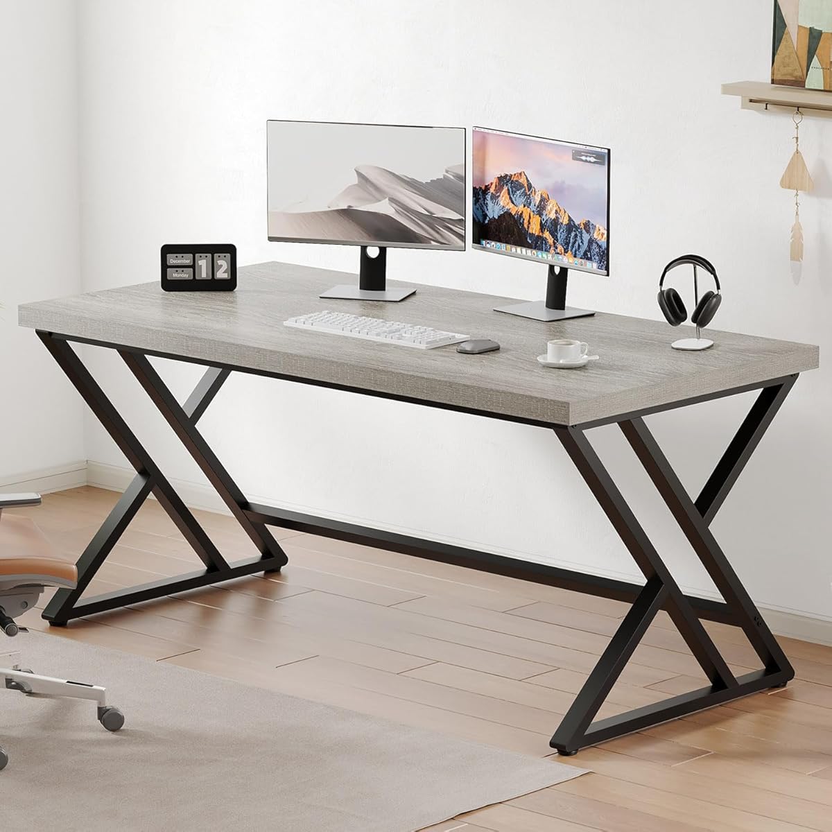 Grey Computer Office Desk, Industrial Wood PC Gaming Gray Desk for Home Office, Modern Wooden Metal Study Work Bedroom Table, Farmhouse Executive Writing Desk with Storage, 55 Inch, Light Grey Oak