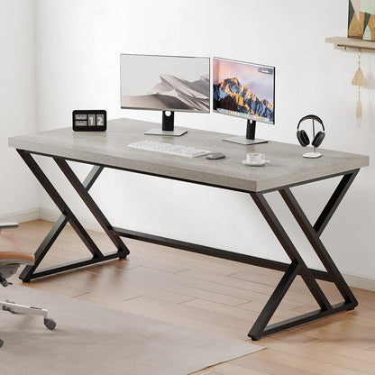 Grey Computer Office Desk, Industrial Wood PC Gaming Gray Desk for Home Office, Modern Wooden Metal Study Work Bedroom Table, Farmhouse Executive Writing Desk with Storage, 55 Inch, Light Grey Oak