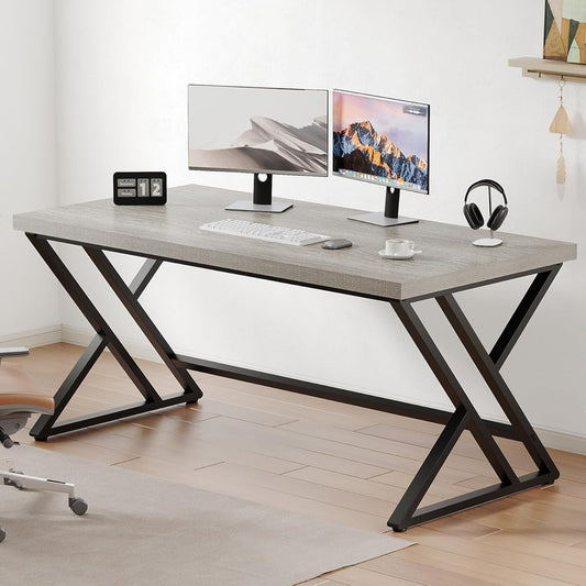 Grey Computer Office Desk, Industrial Wood PC Gaming Gray Desk for Home Office, Modern Wooden Metal Study Work Bedroom Table, Farmhouse Executive Writing Desk with Storage, 55 Inch, Light Grey Oak