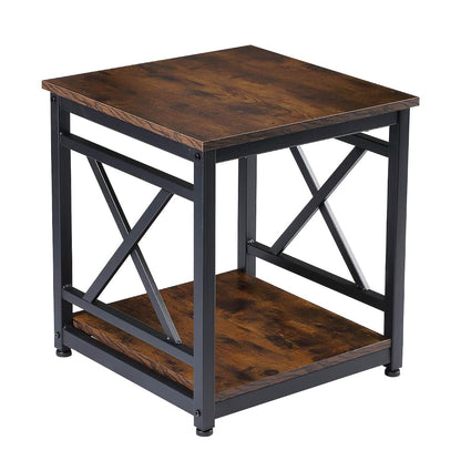Industrial End Table, 18" Square Side Table with 2-Tier Storage Shelf, X-Design Metal Frame, Rustic Brown Nightstand Bedside Table for Living Room, Bedroom