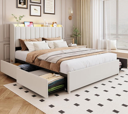 Upholstered beige bed frame with drawers and lights, easy assembly