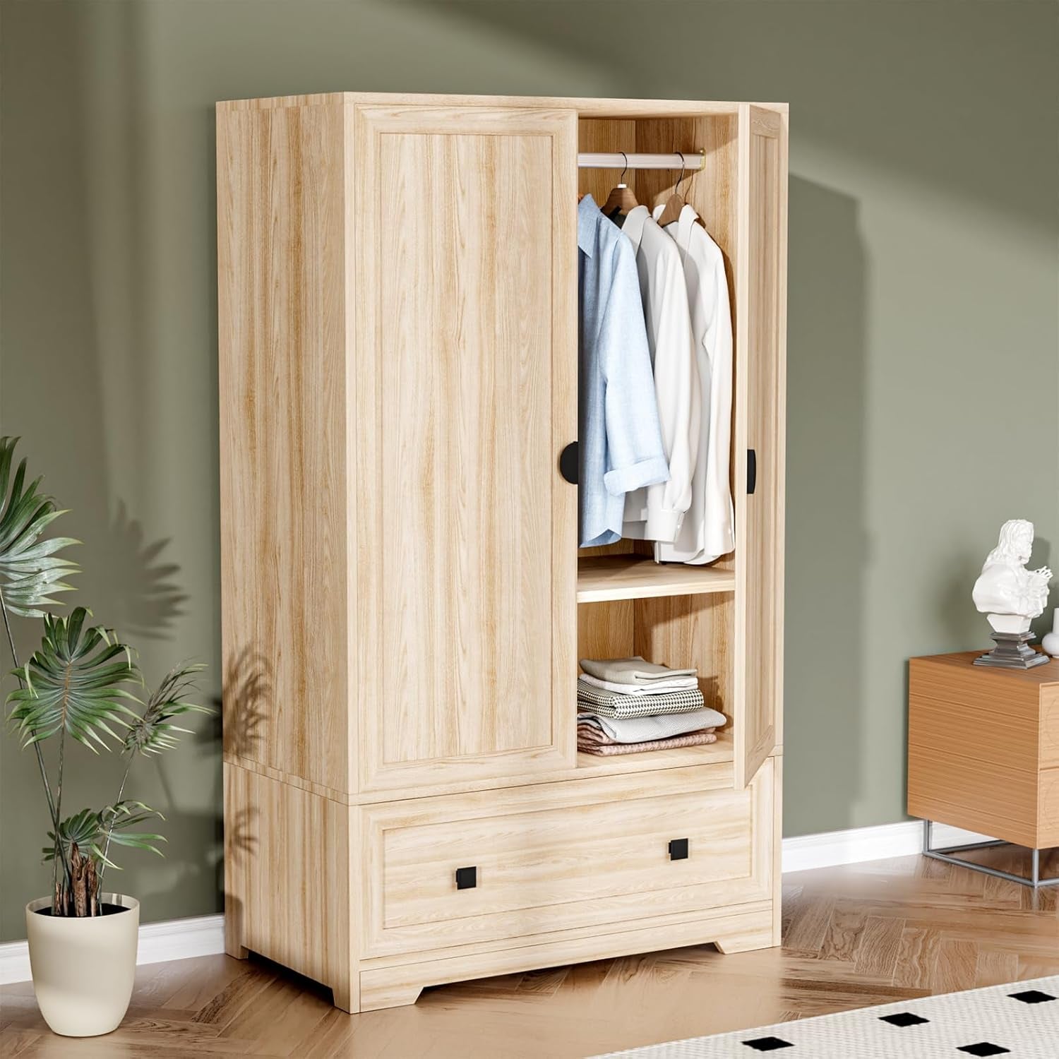 Armoire Wardrobe Closet with Doors, Hanging Rod, Shelves and Drawer - Freestanding Cabinet for Bedroom, Dorm - Oak, 38" W X 21" D X 65" H