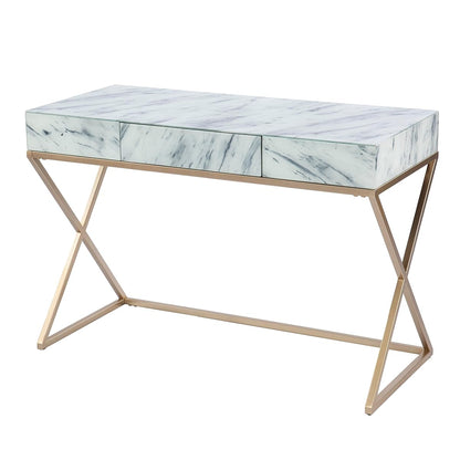 Kamblemore Faux Marble Writing Desk with Storage - Transitional Design, White Glass and Wood - Ideal for Home Office, Bedroom (HO1152137)