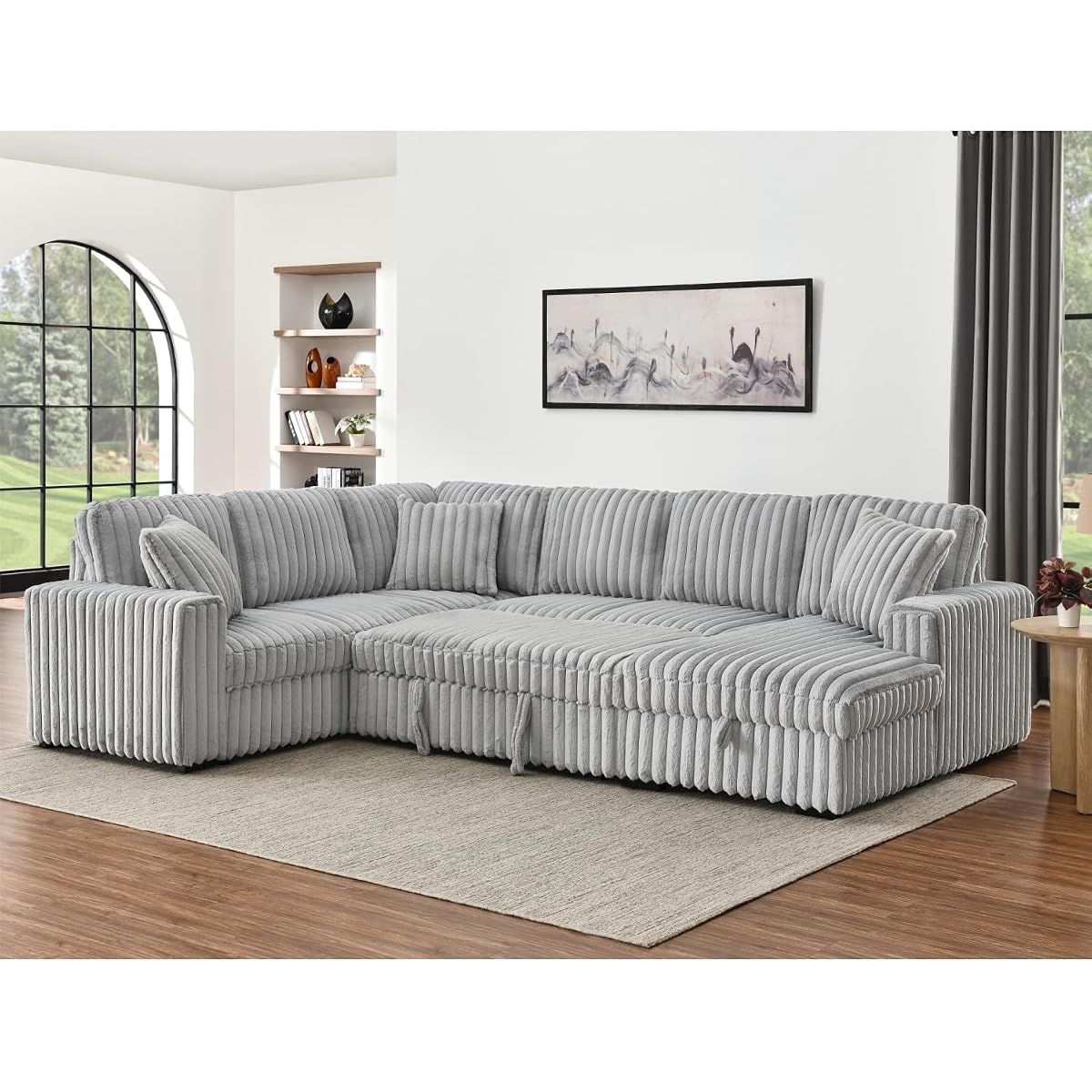122-Inch Oversized U Shaped Plush Corduroy Fluffy Sectional Sleeper Sofa with Pull Out Bed, Storage Chaise Lounge and USB Charging Port - Gray