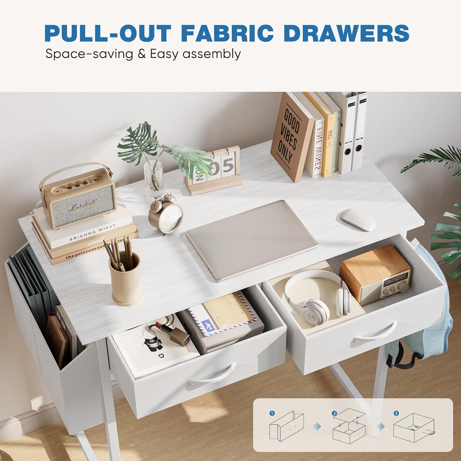 32 Inch Small Desk with Drawers, Home Office Computer Desk with Storage Bag and Headphone Hook, Study Writing Table with Adjustable Feet for Bedroom, White