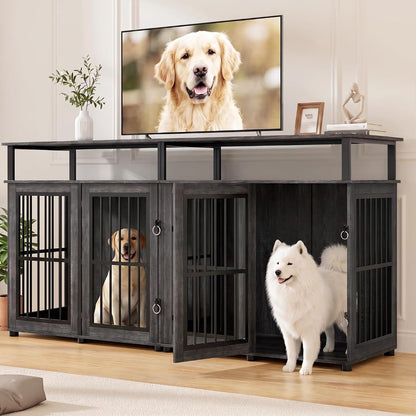 87" Double Dog Crate Furniture with Removable Divider, Grey