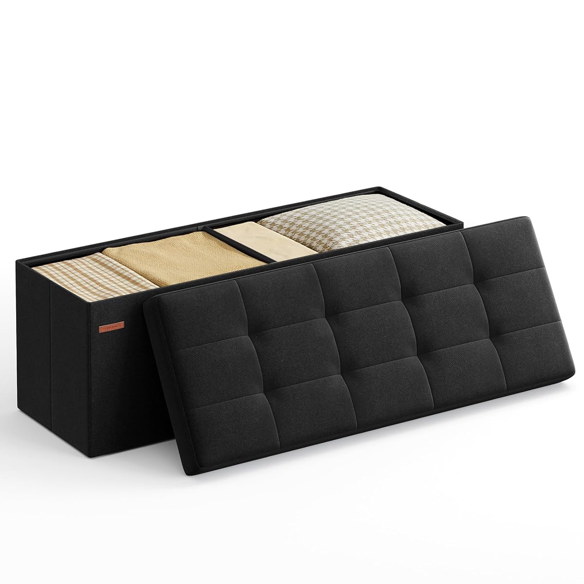 SONGMICS MAZIE Collection - 43 Inches Folding Storage Ottoman Bench, Ottoman Foot Rest, End of Bed Bench, Storage Chest, Load 660 lb, for Living Room, Bedroom, Entryway, Ink Black ULSF077B01