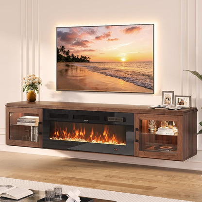 70" Floating TV Stand with Fireplace, Brown