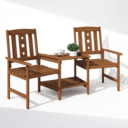 Patio Bistro Set with Integrated Coffee Table and Umbrella Slot Outdoor Dining Furniture for Garden, Porch, and Terrace in Natural Wood-Look Finish