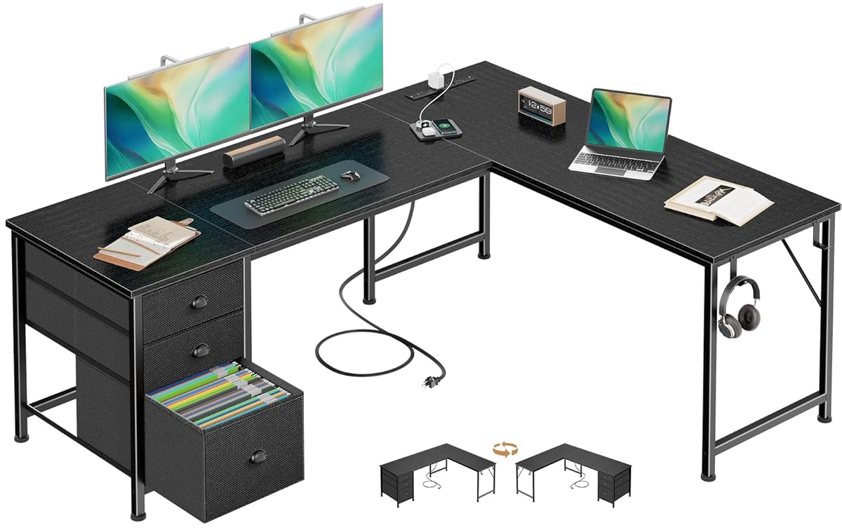 63" L Shaped Computer Desk with Power Outlet & USB-C Port, Reversible Home Office Desk with 2 Fabric Drawers, File Cabinet, Hooks, Large Corner Table for Gaming, Writing, Work, Black