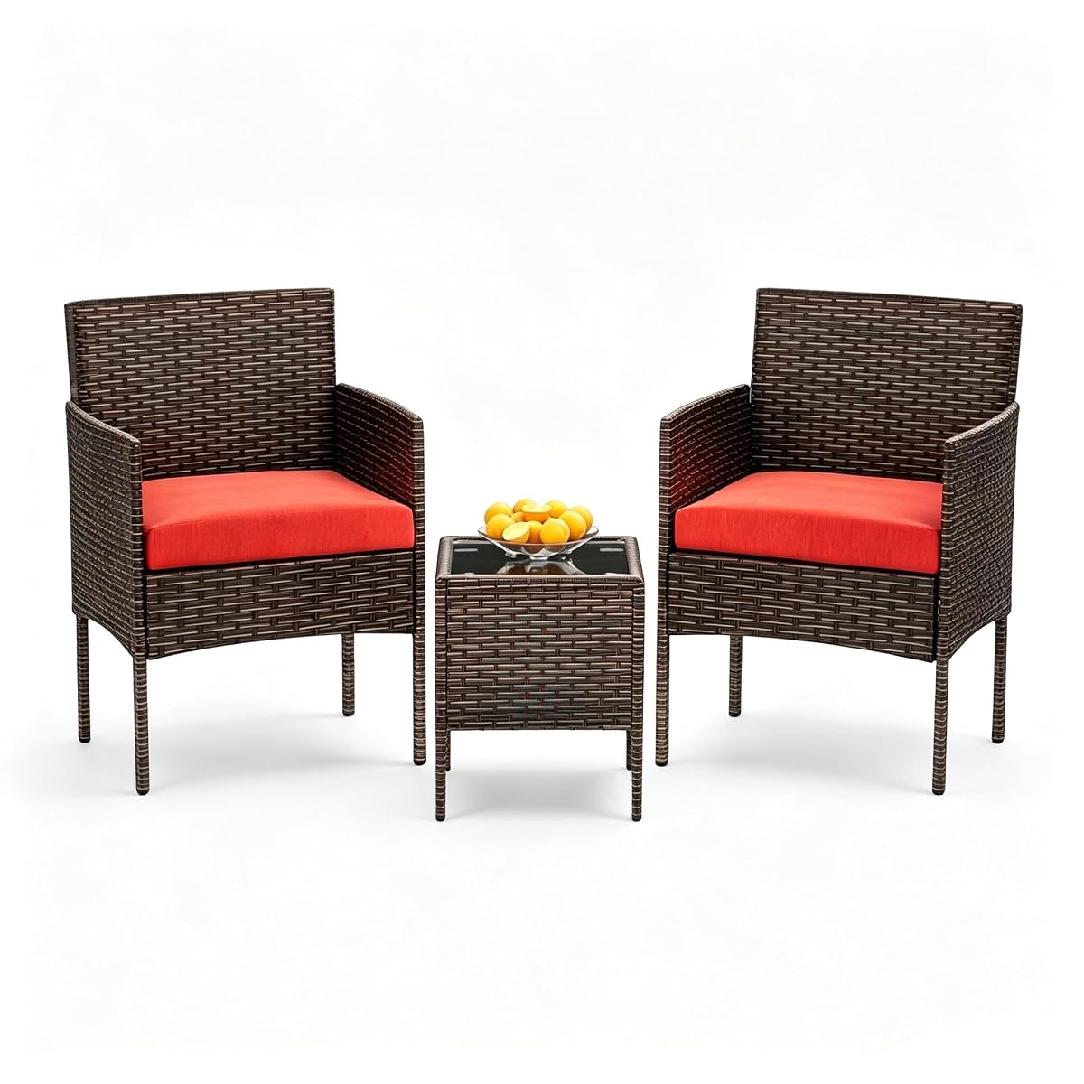 3 Pieces Patio Furniture Set, Outdoor Conversation Sets, Wicker Rattan Chairs for Garden Backyard Balcony Porch Poolside, Set with Glass Table and Soft Cushions (Brown+Red)