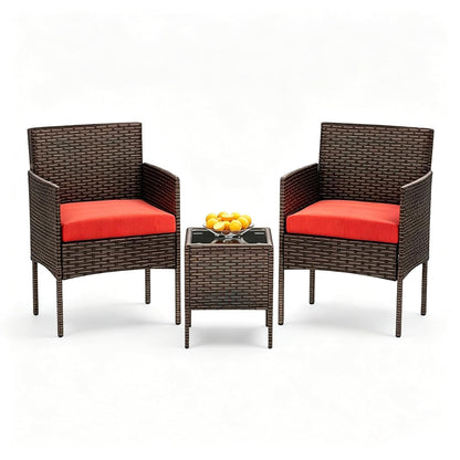 3 Pieces Patio Furniture Set, Outdoor Conversation Sets, Wicker Rattan Chairs for Garden Backyard Balcony Porch Poolside, Set with Glass Table and Soft Cushions (Brown+Red)