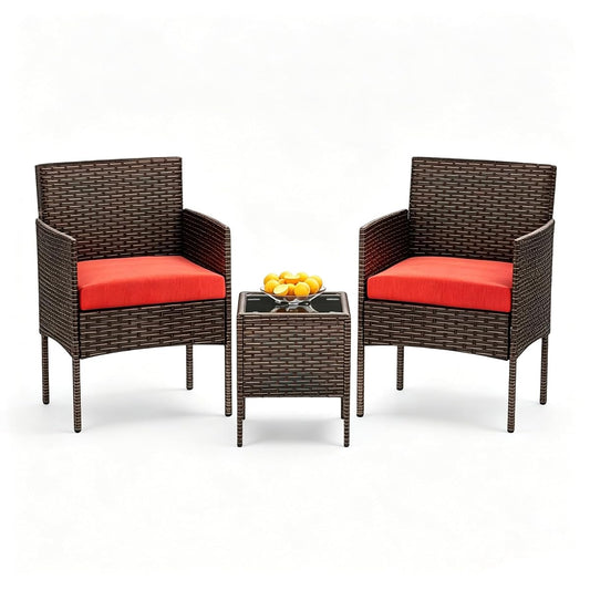 3 Pieces Patio Furniture Set, Outdoor Conversation Sets, Wicker Rattan Chairs for Garden Backyard Balcony Porch Poolside, Set with Glass Table and Soft Cushions (Brown+Red)