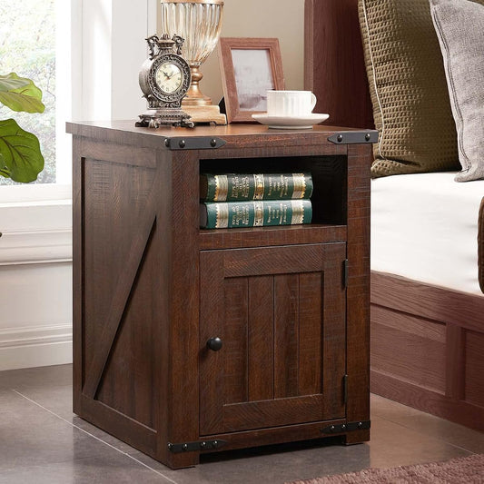Nightstand with Charging Station, 20" Farmhouse End Table w/Groove Barn Door