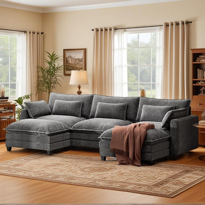 Modular Sectional Sofa 110.6" U-Shaped Modern Comfy Cloud Couch, 5-Seat Chenille Deep Seat Sofa with Throw Pillow & Movable Ottoman for Living Room, Bedroom and Apartment, Grey