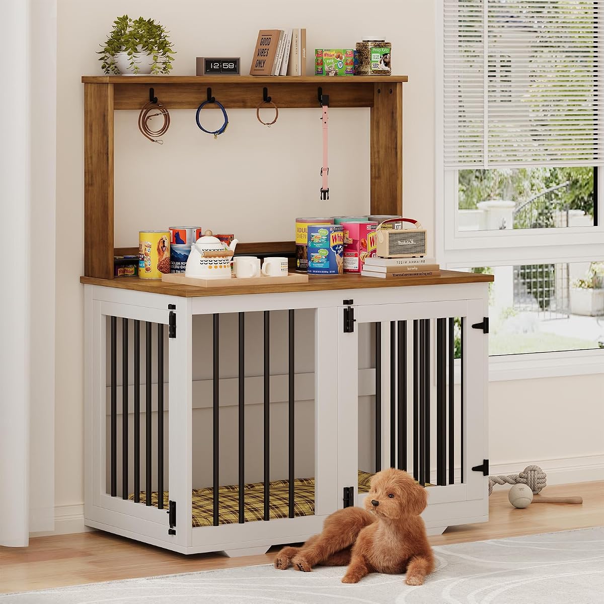 31'' Wooden Dog Crate Furniture with Storage Shelf & 4 Hooks