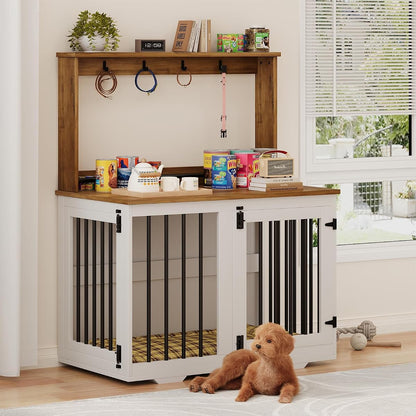 31'' Wooden Dog Crate Furniture with Storage Shelf & 4 Hooks