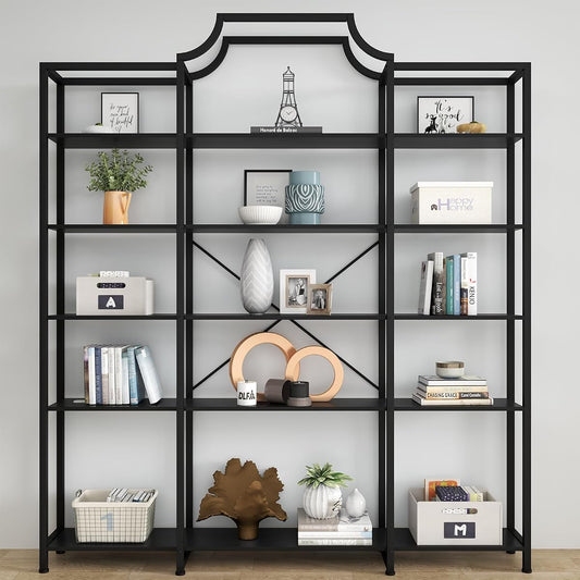 Triple Wide 5-Tier Bookshelf, 70.87" L x 79.13" H Extra Large Bookcase, Tall Open Etagere Display Shelf with Metal Frame, Freestanding Modern Storage Shelves for Home Office (Black)
