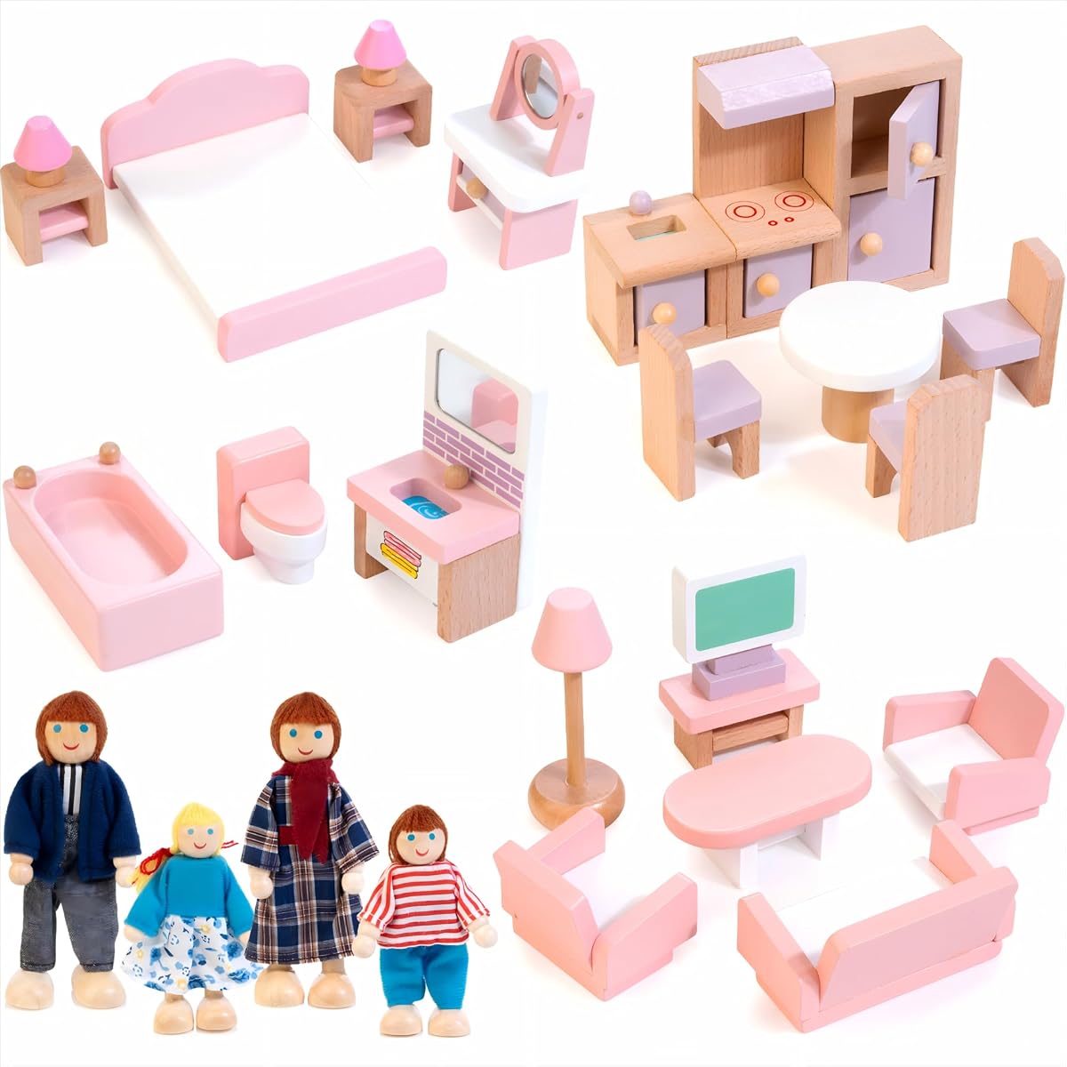 Wooden Dollhouse Furniture Set with 4 Family Dolls, 26 Pcs Pretend Play Dollhouse Accessories for 4 Rooms, Pink Furniture Toys Birthday Gifts for Girls Boys Age 3+