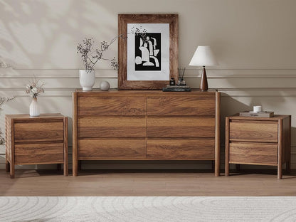 Walnut Dresser Bedroom Set, 6 Drawer Dresser & 2 Drawer Nightstands