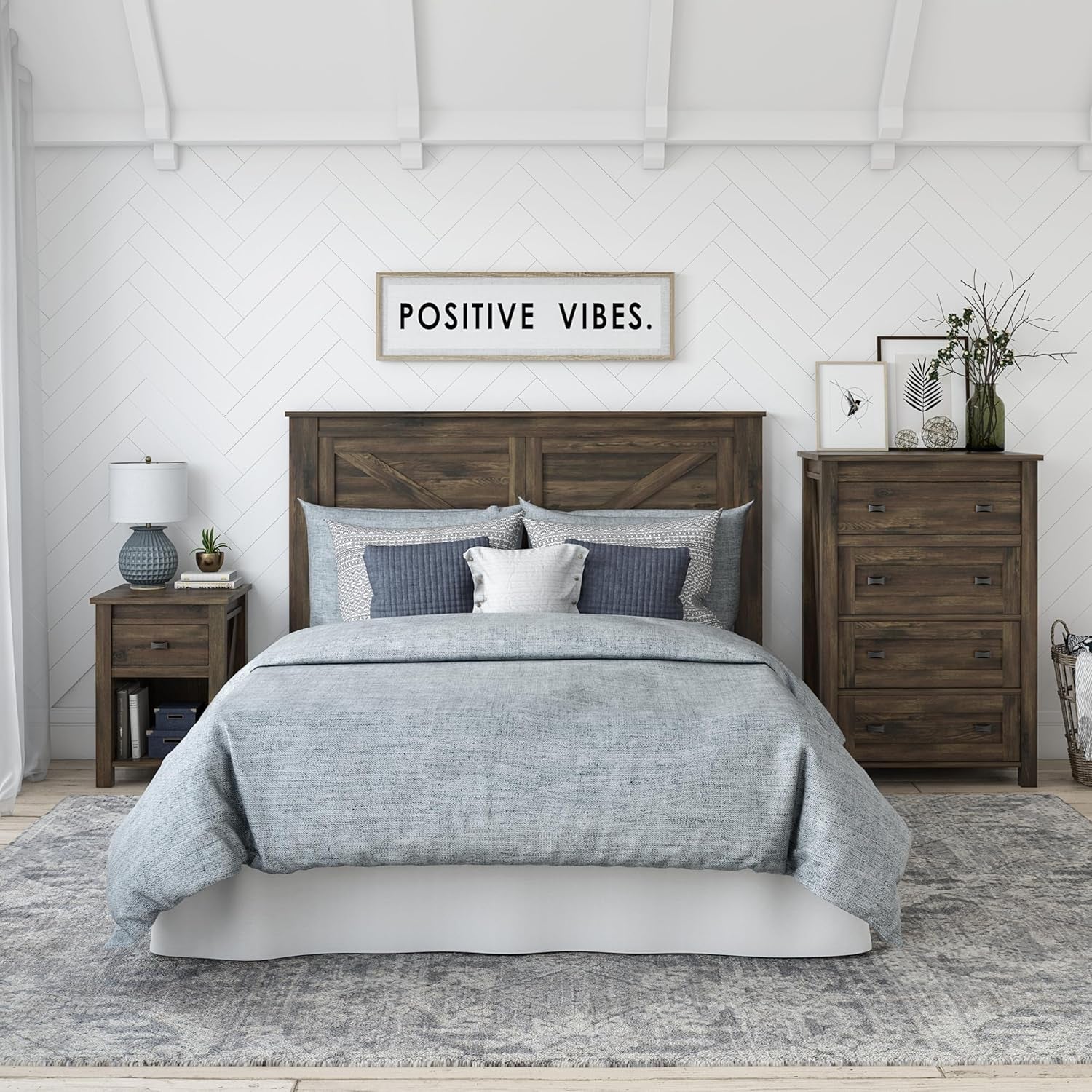 Farmington Country Style Nightstand with Barn Door Design, Concealed Drawer and Open Cubby, Textured Weathered Medium Brown Finish