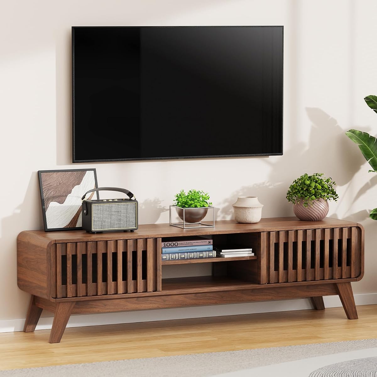59 Inch Mid Century Modern TV Stand for 65 Inch TV (Walnut)