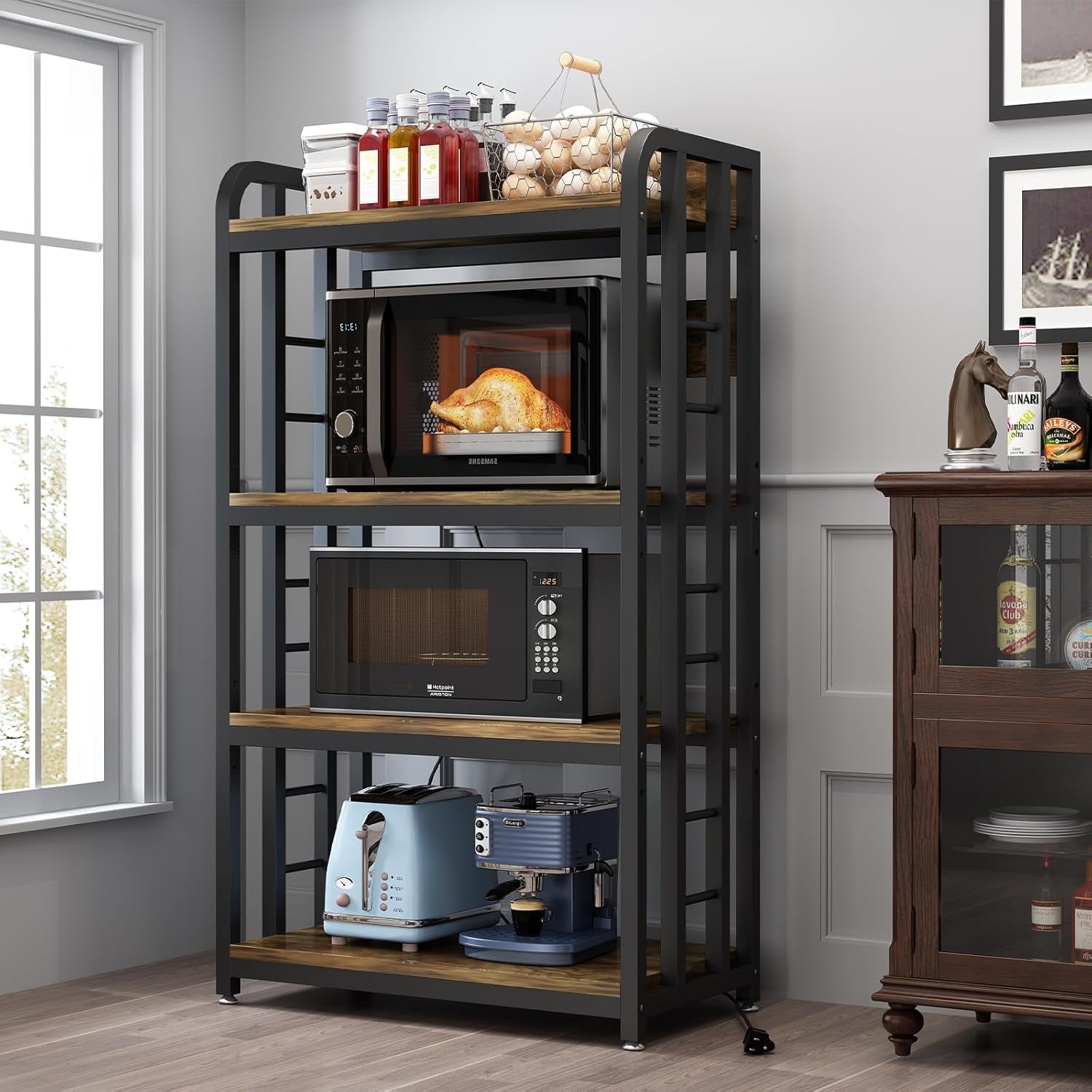 Bakers Rack with Power Outlet ，4-Tier Kitchen Baker'S Rack,Microwave Stand with Storage Suitable for Kitchen, Living Room, Dinning Room，Coffee Bar(Rustic Brown)