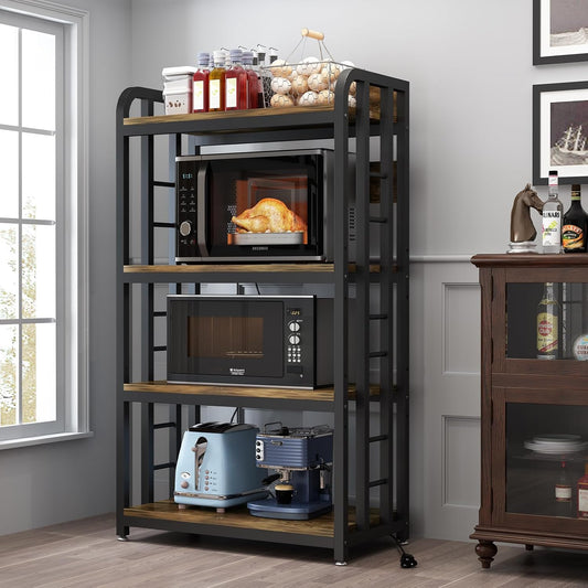Bakers Rack with Power Outlet ，4-Tier Kitchen Baker'S Rack,Microwave Stand with Storage Suitable for Kitchen, Living Room, Dinning Room，Coffee Bar(Rustic Brown)