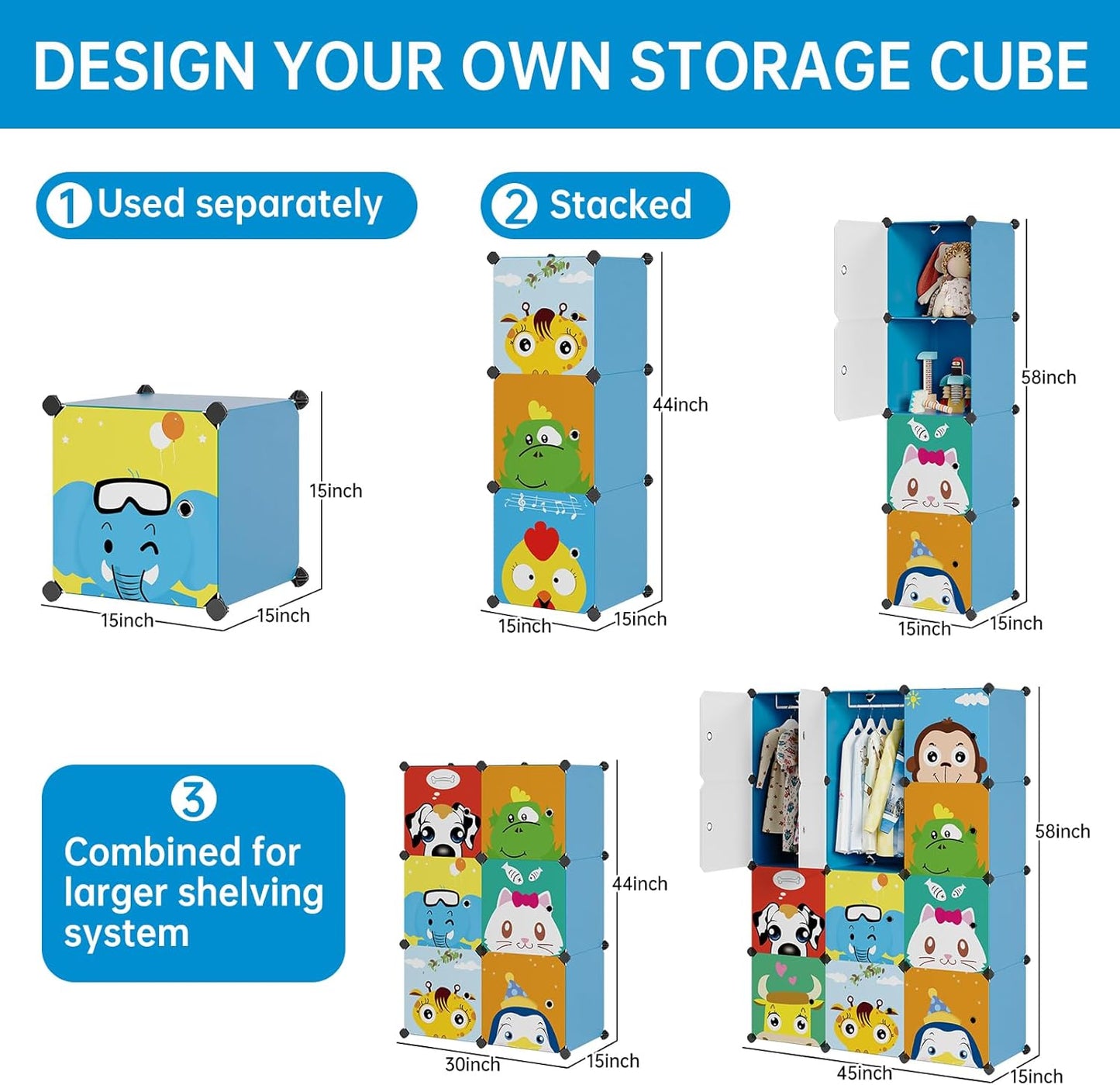 Kids Closet,Baby Wardrobe Closet with Door,Cute Portable Armoire Dresser,Clothes Hanging Storage Rack for Boy Bedroom,Blue,12 Cube(14X14Inch)