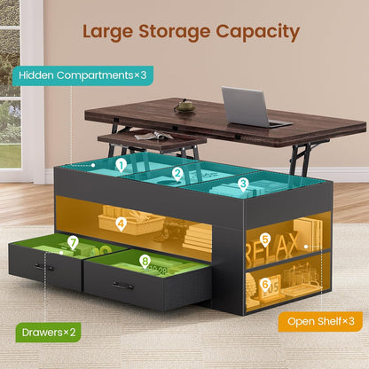 Lift Top Coffee Table, 4 in 1 Coffee Tables with Storage and Hidden Compartment, Farmhouse Coffee Table with 2 Fabric Drawers & LED Light for Living Room, Black