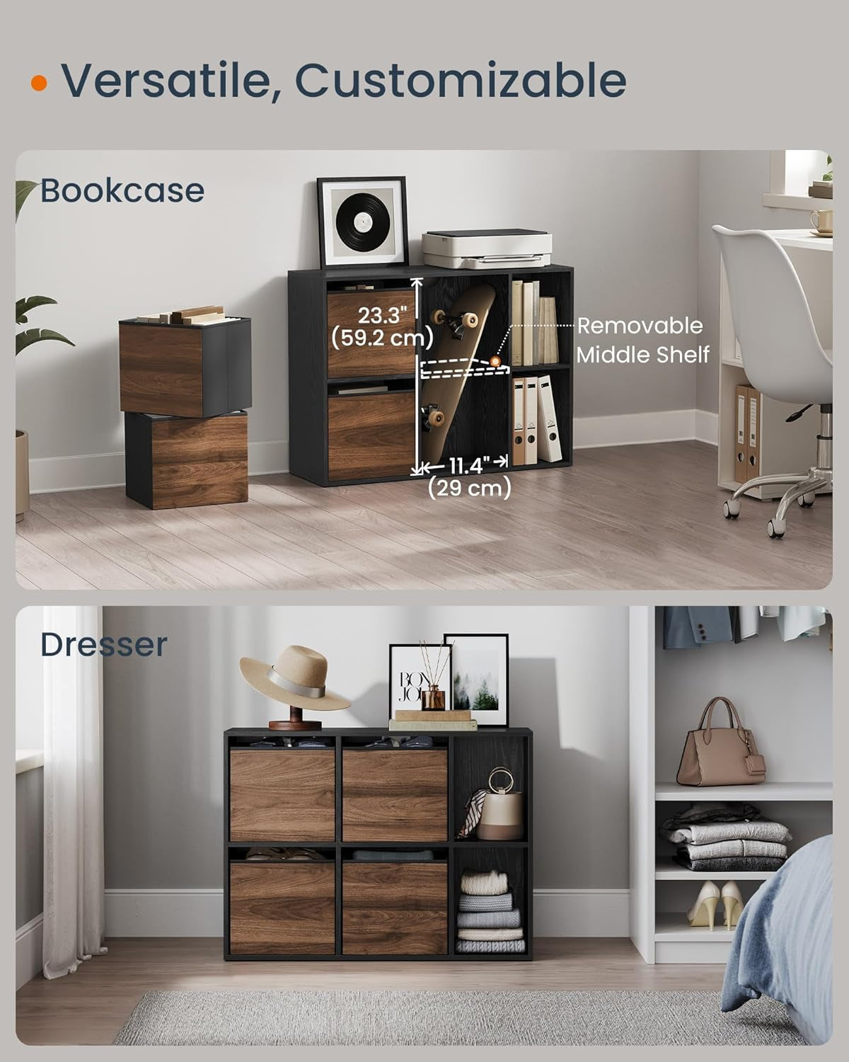 HOME Bookshelf, Superfast Toolless Assembly, Cube Storage Organizer with 6 Compartments, Bookcase, 4 Fabric Drawers, 10.6 X 32.7 X 24.3 Inches, Natural Walnut and Ebony Black ULBC196B01