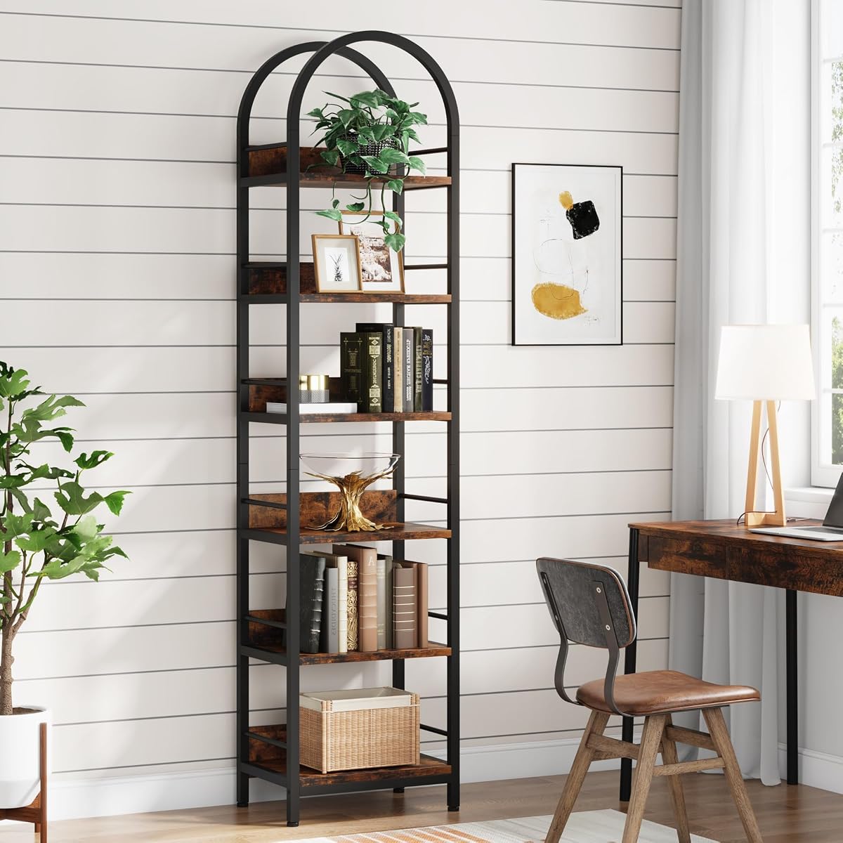 Tribesigns 6-Tier Open Bookshelf, 78.7" Tall Arched Bookcase Narrow Bookshelf with Metal Frame, Freestanding Corner Bookcase Display Shelves for Living Room, Home Office, Rustic Brown
