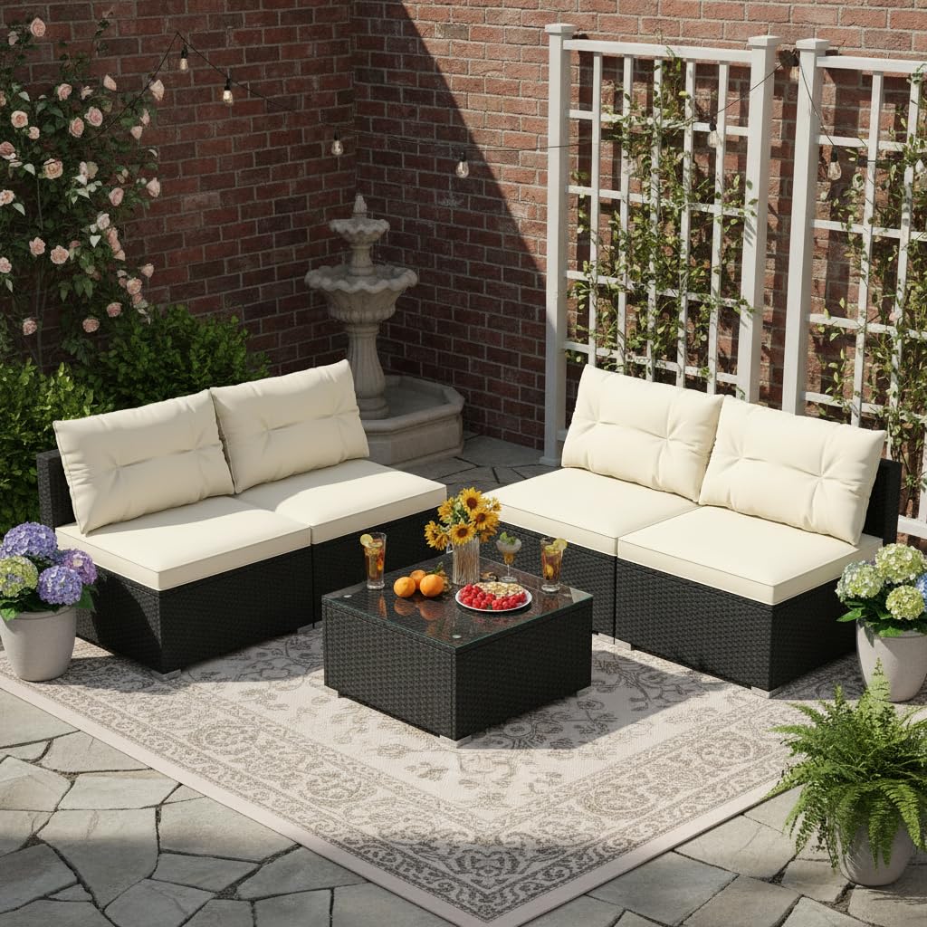 5 Piece Rattan Sofa Set, Patiojoy Outdoor Wicker Furniture Set with Seat & Back Cushions, Square Coffee Table, Patio Sectional Sofa Set for Backyard, Poolside, Garden